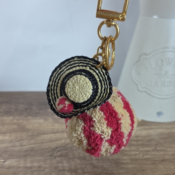 Tory Burch Straw Hat Red Cream Pom-Pom Bag Charm Key Fob Holder - Picture 8 of 15